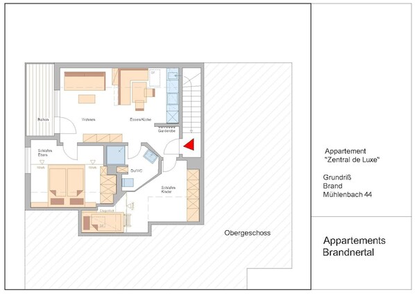 A floor plan of an apartment with labeled rooms including a balcony, living room, kitchen, bathroom, and children's room. - Appartement Zentral de Luxe (Brand)