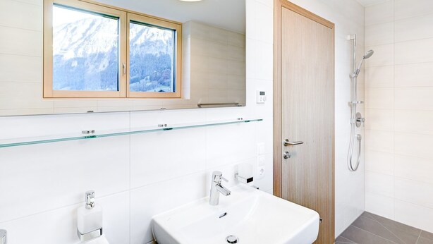 A modern bathroom with a large window, a glass shelf, a sink, and a shower. - Gartenappartement de Luxe (Brand)