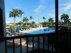 A pool area with lounge chairs and umbrellas, surrounded by palm trees and buildings.