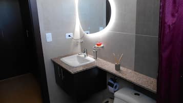 Hair dryer, towels, soap, toilet paper