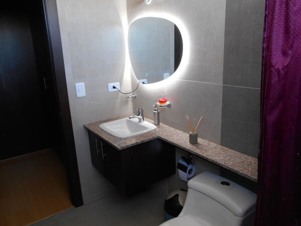 Hair dryer, towels, soap, toilet paper