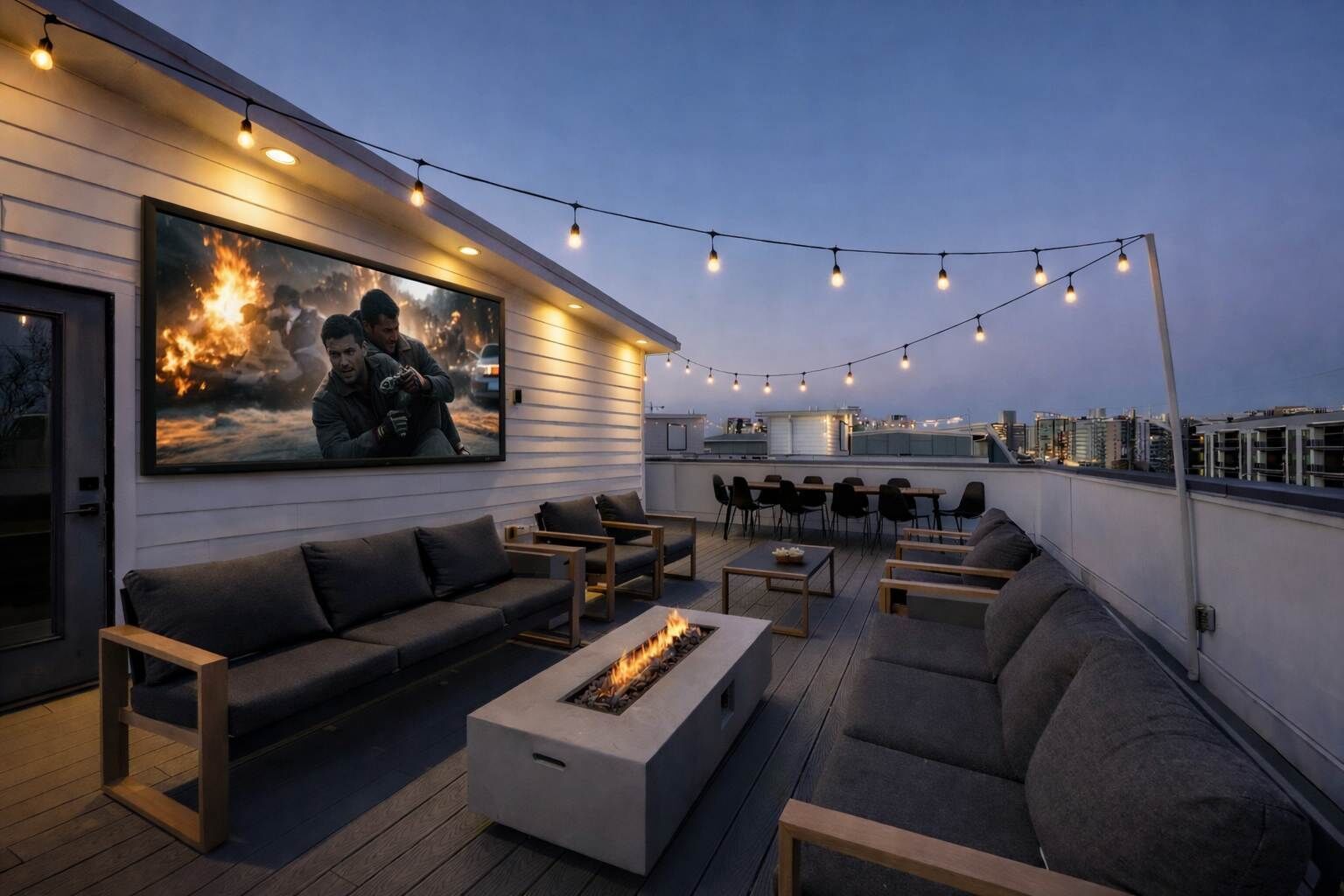 A rooftop terrace with a fire pit, outdoor seating, string lights, and a large painting.