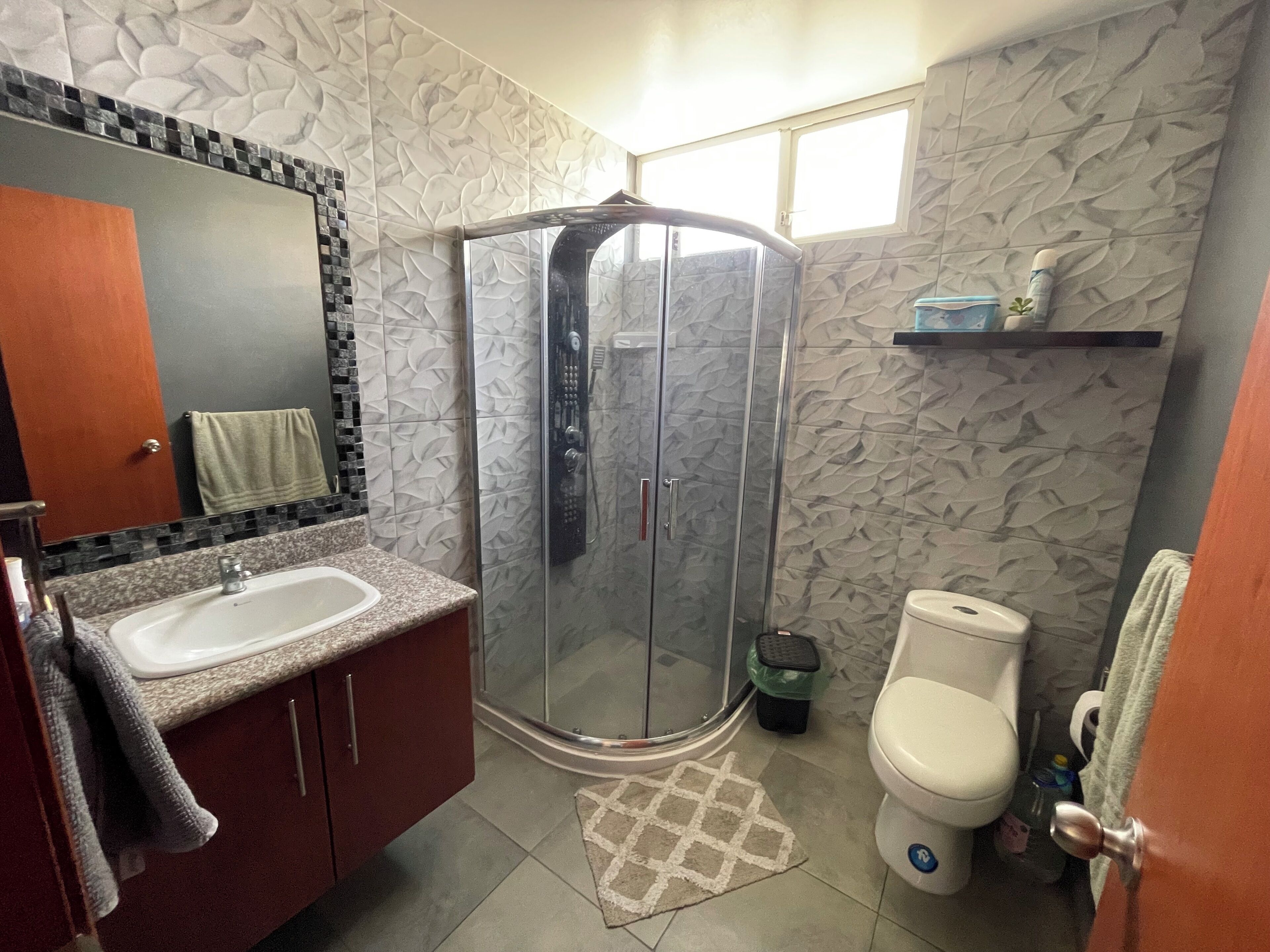 Bidet, towels, soap, toilet paper