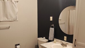 Une salle de bain avec des toilettes, un lavabo et un miroir.