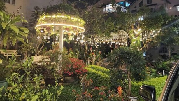 Vista nocturna de un edificio con un jardín bien iluminado, que incluye diversas macetas con plantas y una instalación de luces decorativas.