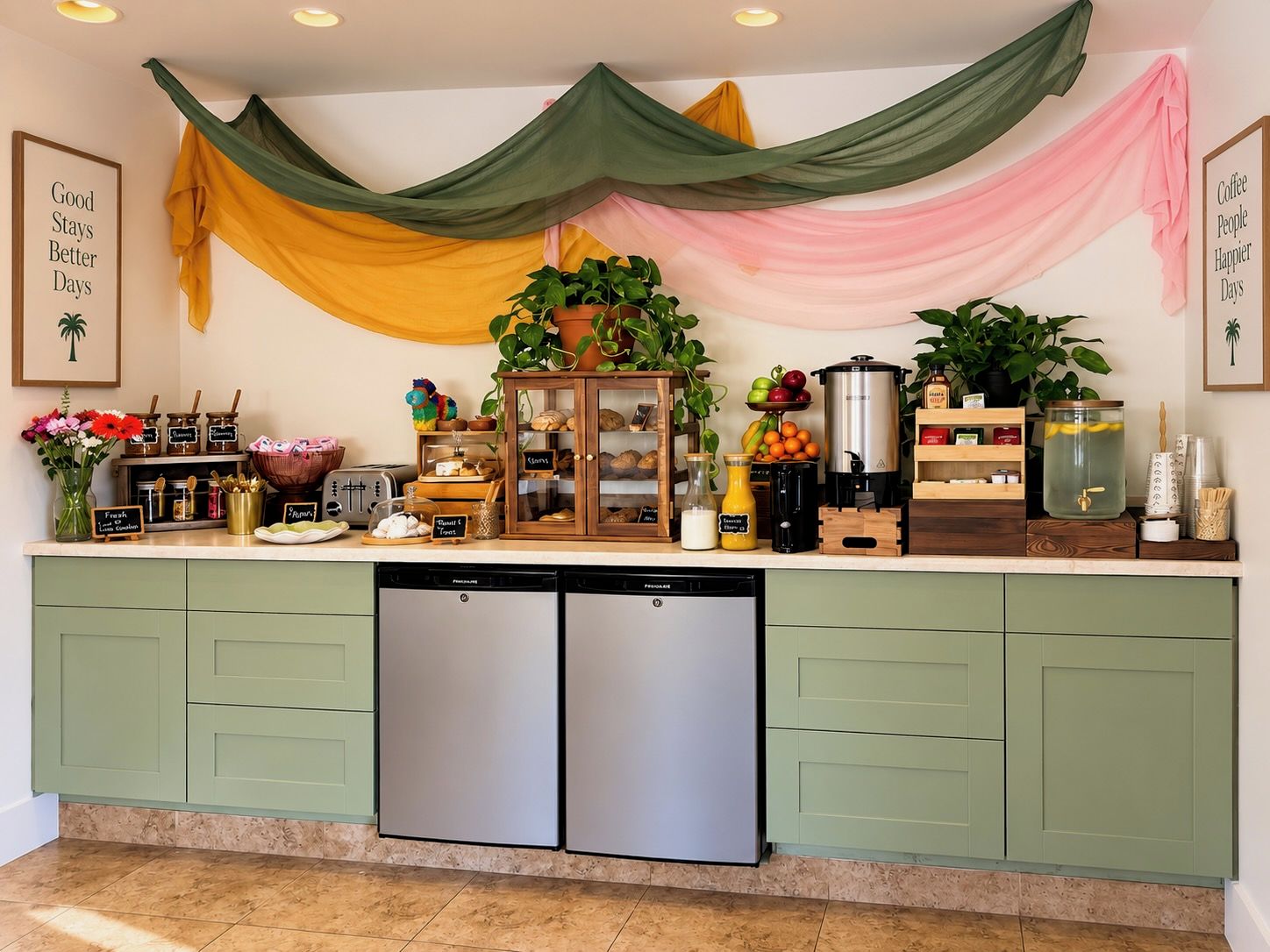 Cozinha com armários verdes, um espaço para café e diversos alimentos sobre o balcão.