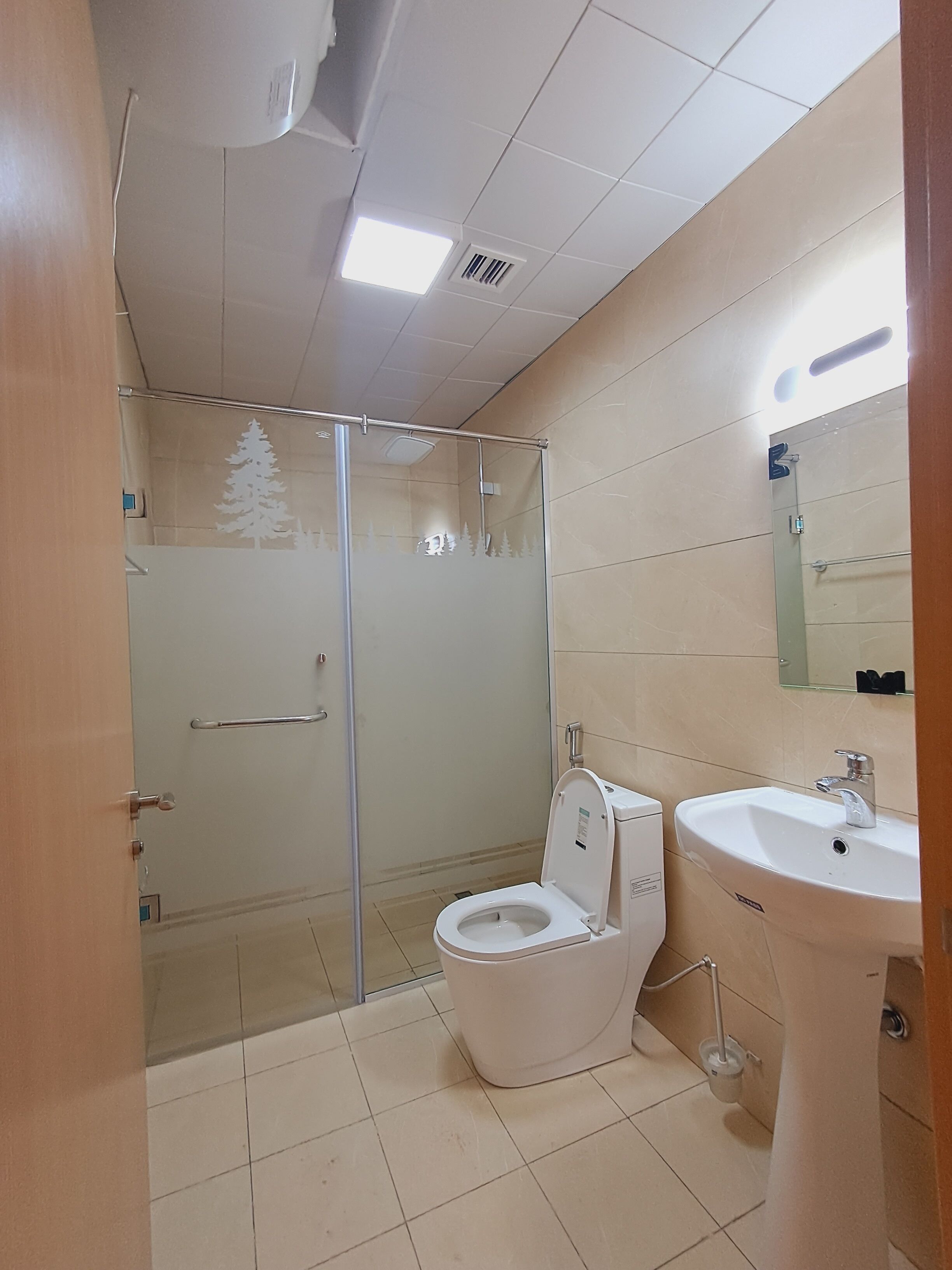 Ein Badezimmer mit Duschkabine, Toilette und Waschbecken mit Spiegel darüber.