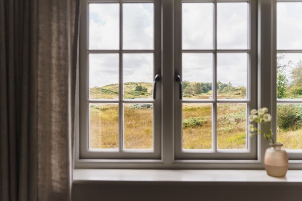 A window with a view of a grassy landscape and a vase with flowers on the windowsill.