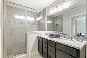 Hair dryer, towels, soap, shampoo