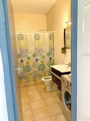 Shower, jetted tub, hair dryer, towels
