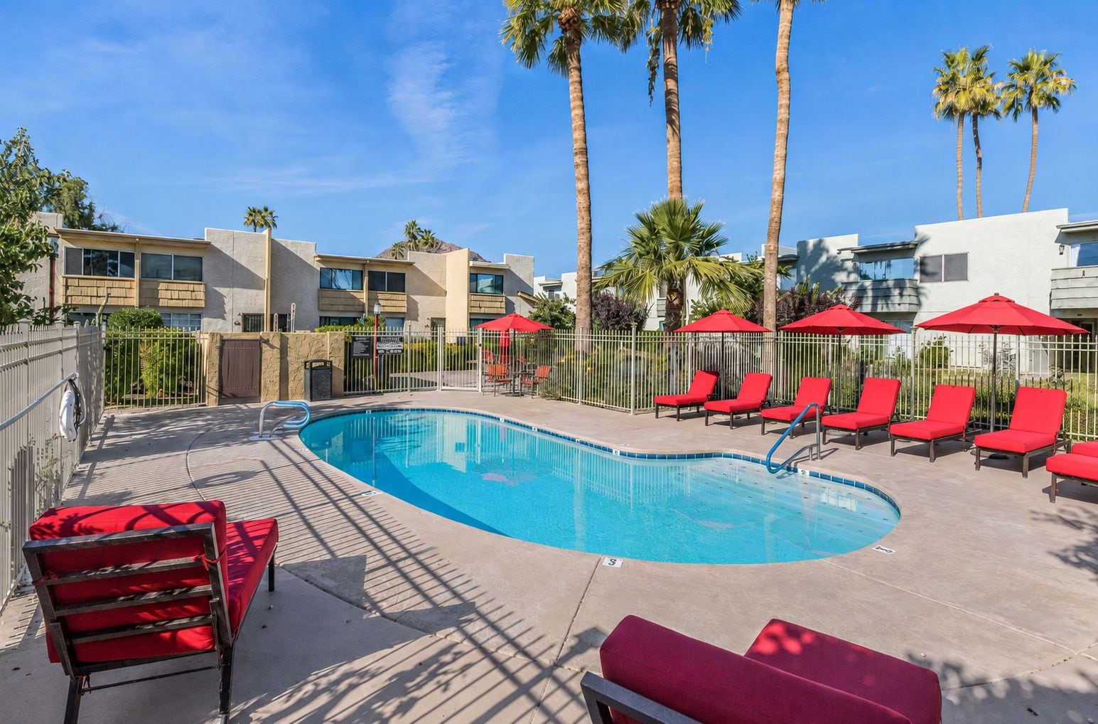 A swimming pool with red lounge chairs and umbrellas, surrounded by palm trees and modern buildings.