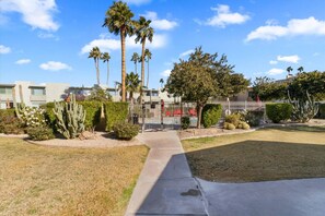 A residential area with palm trees, a fenced pool area, and a pathway leading to a building.