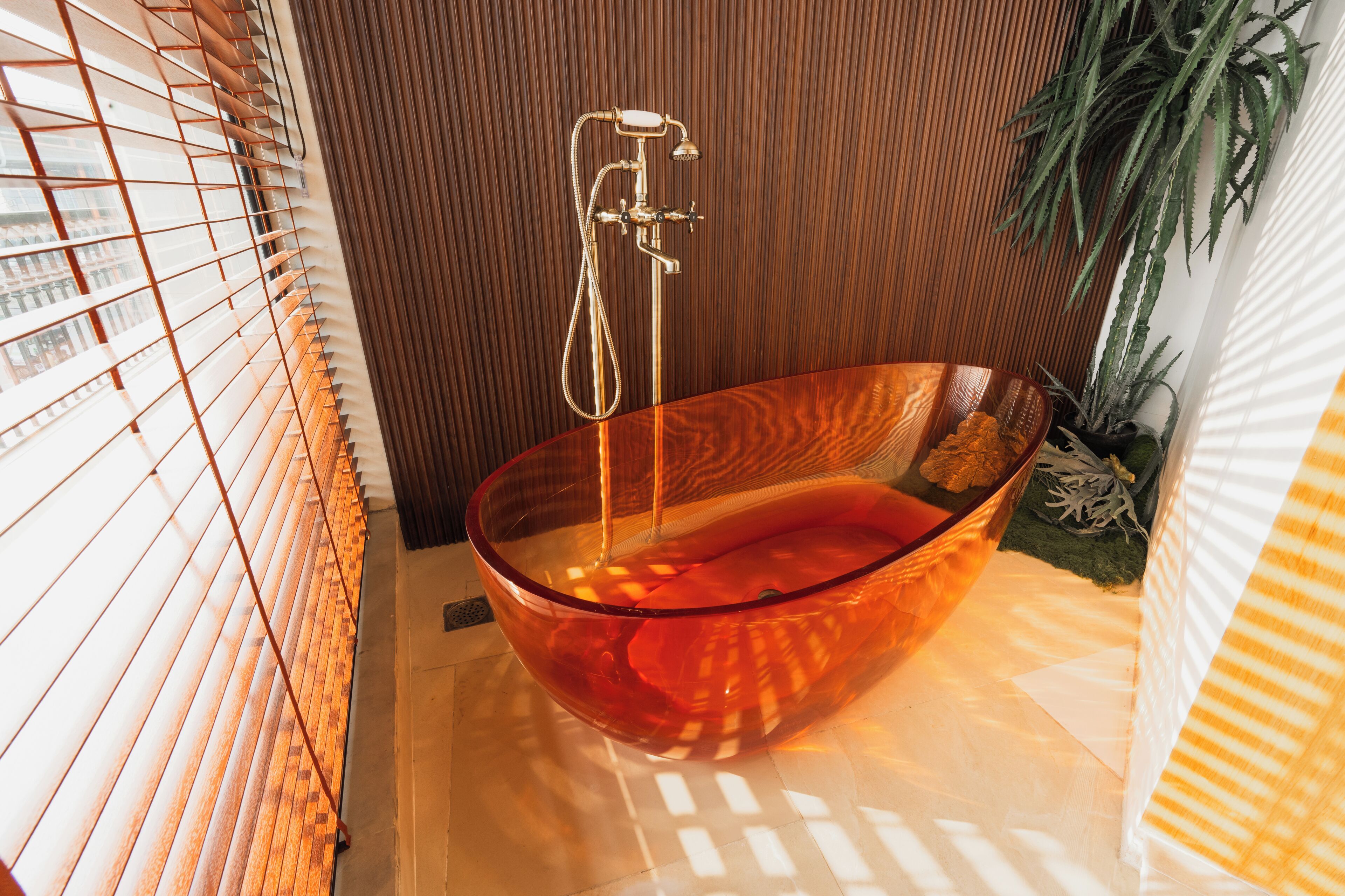 A modern bathroom with a glass bathtub, a showerhead, and a potted plant.