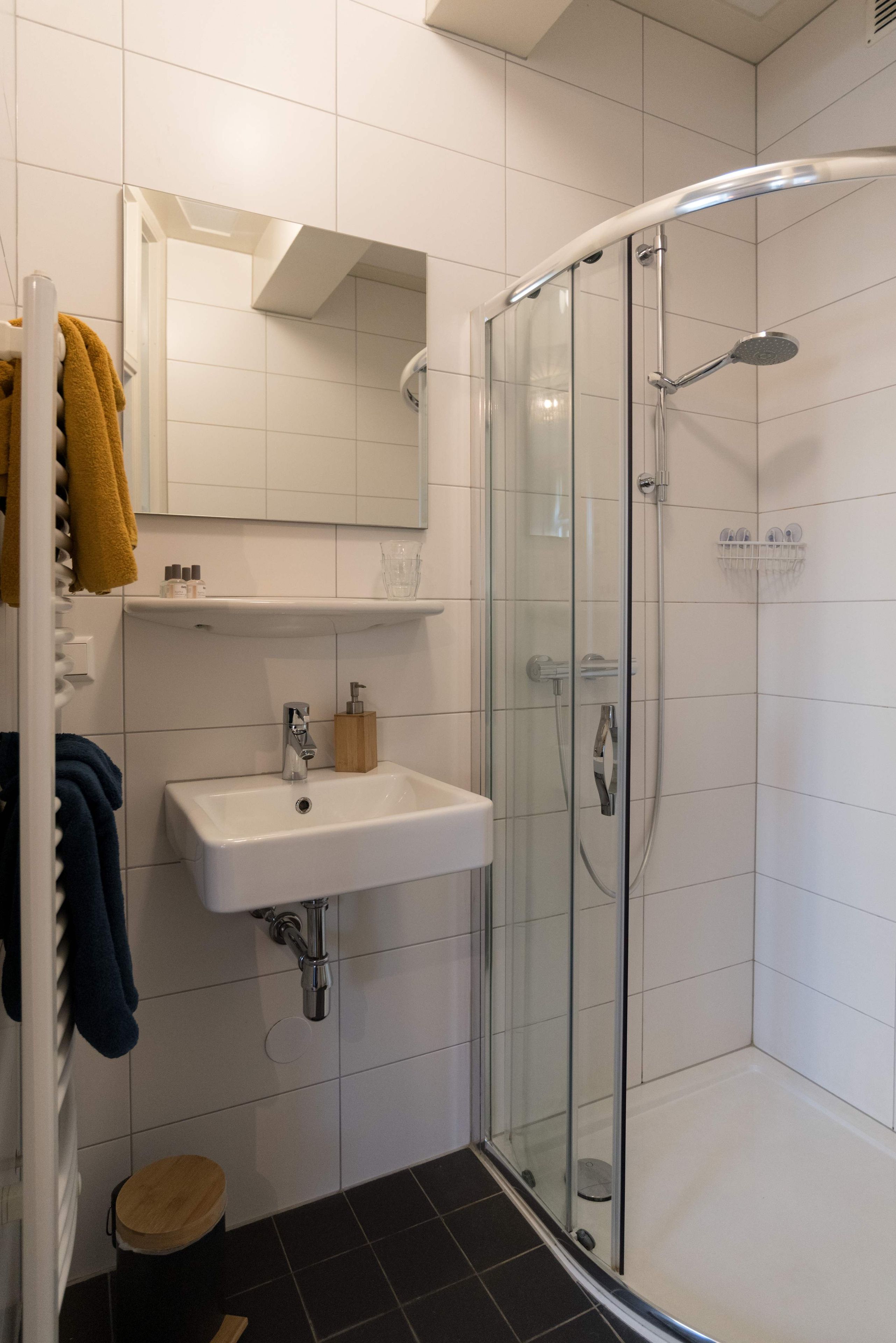 A modern bathroom with a glass-enclosed shower, a white sink, and a mirror above it.