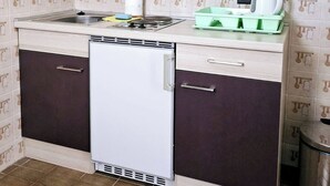 Une cuisine compacte équipée d’un réfrigérateur intégré, d’un évier et d’un plan de travail sur lequel se trouvent une bouilloire et un égouttoir vert.