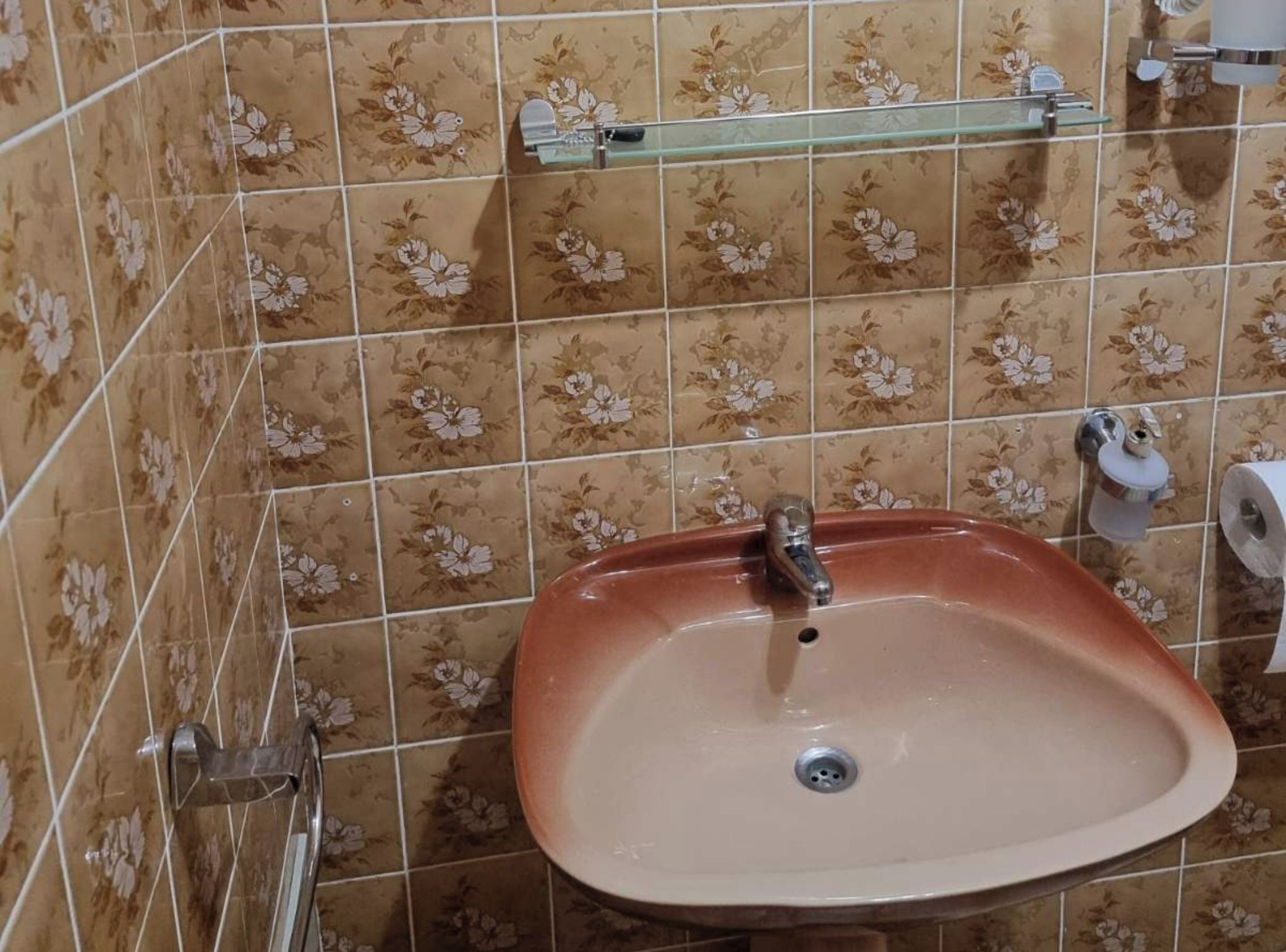 Une salle de bain avec un lavabo, un miroir et un porte-rouleau de papier toilette fixé au mur.