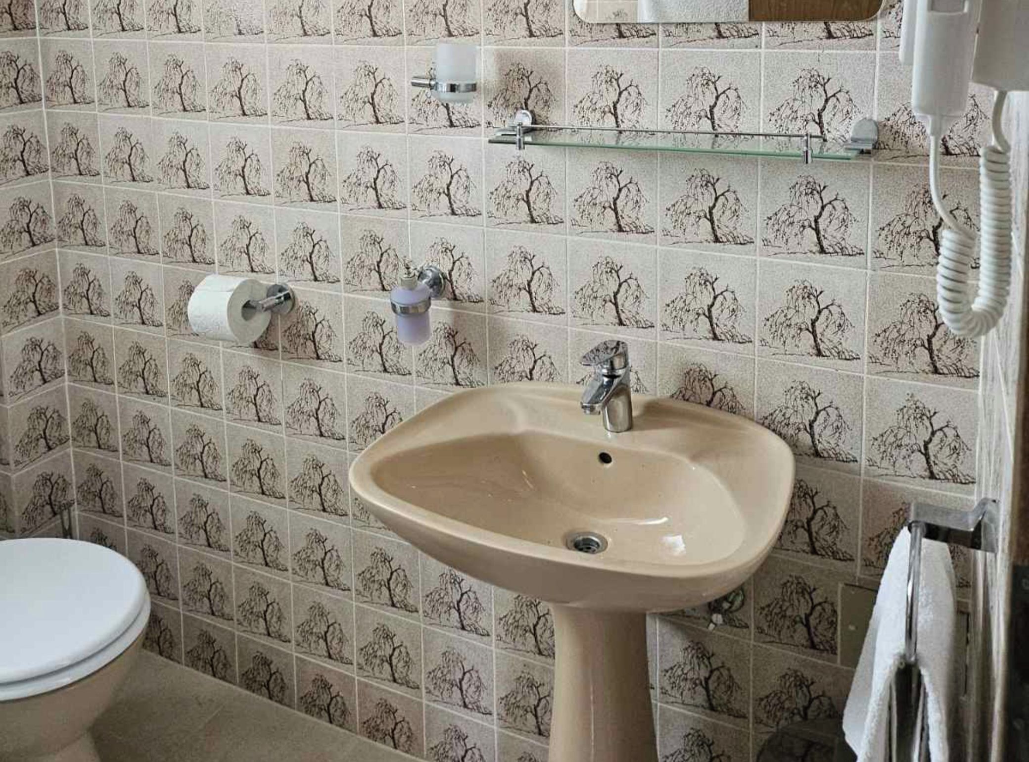 A bathroom with a sink, toilet, and patterned tiles.