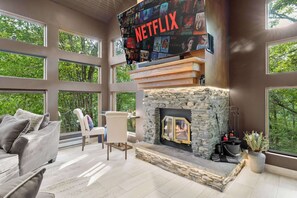 TV, fireplace, video games, stereo