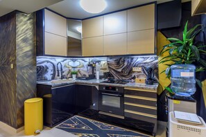 Fridge, oven, stovetop, coffee/tea maker