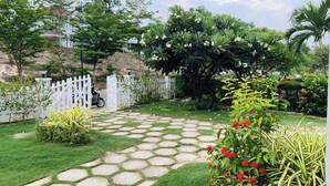 Un chemin de jardin bordé d’une clôture en bois peinte en blanc, avec une végétation luxuriante et une grande variété de plantes.