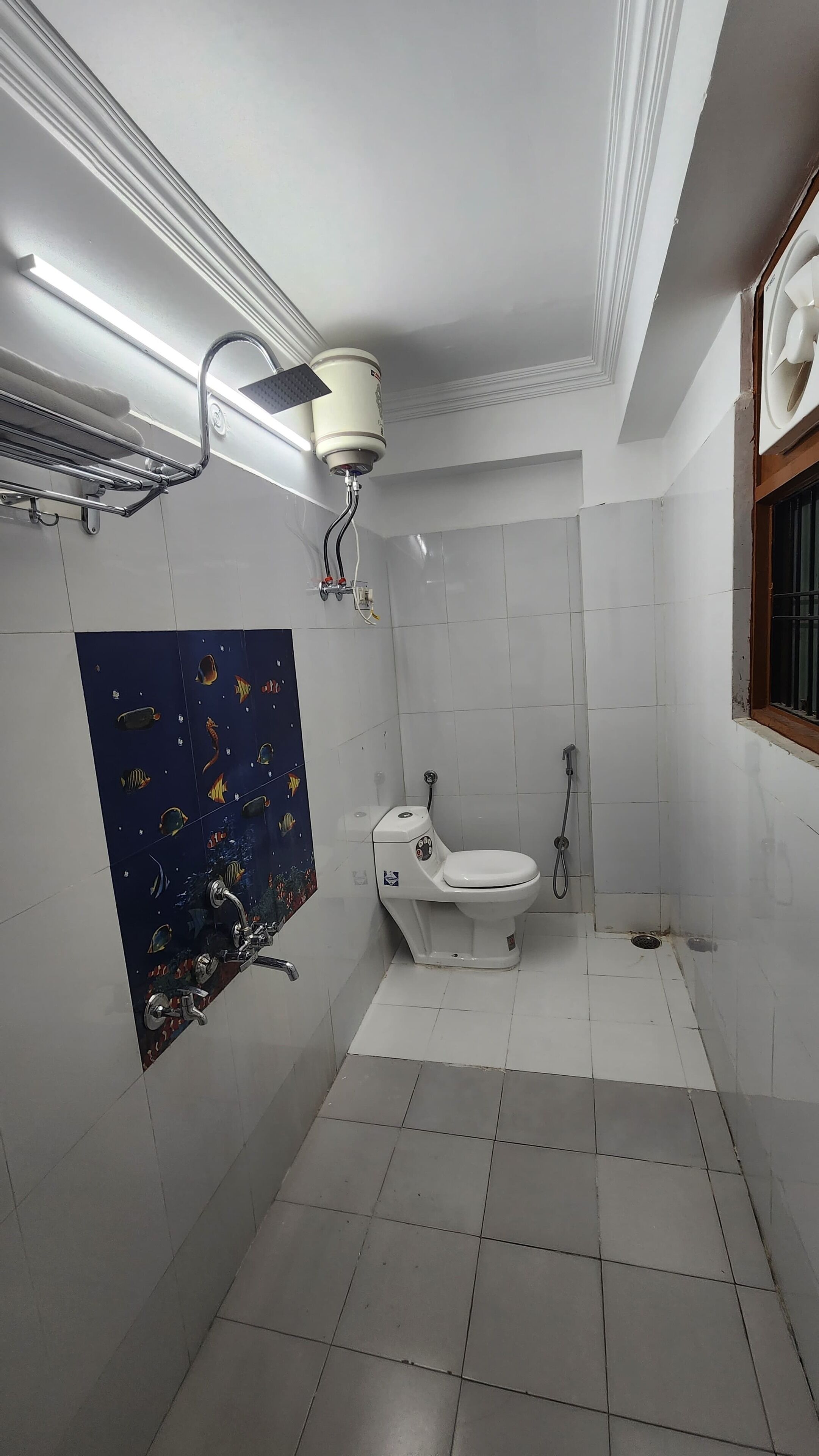 Shower, bathrobes, towels, shampoo