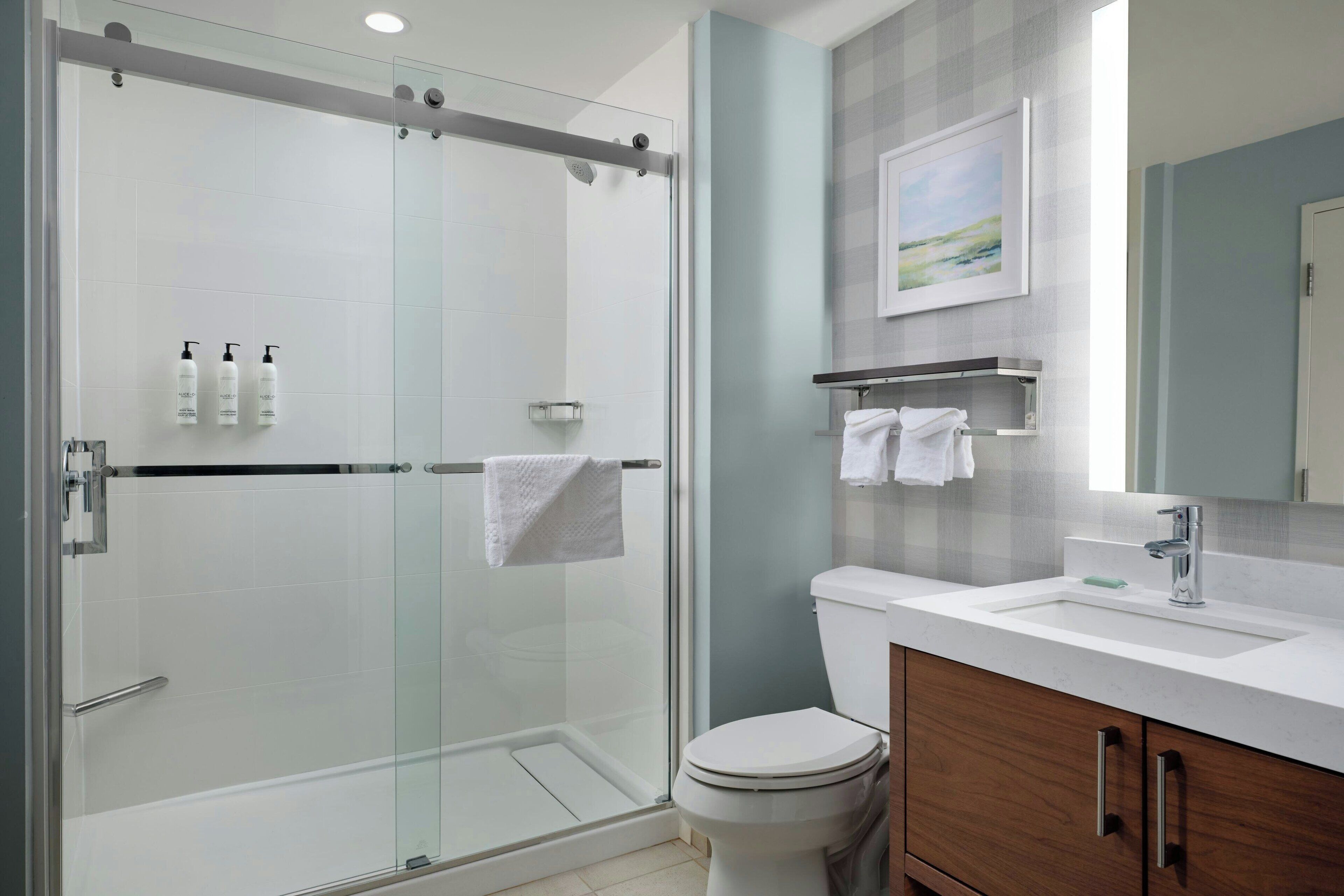 Un baño moderno con ducha envuelta en vidrio, inodoro blanco y tocador con espejo.