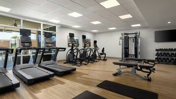 Une salle de sport équipée de tapis de course, de vélos elliptiques, d’un banc de musculation et d’un support à squats.