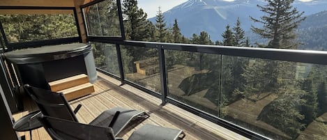Un balcon avec vue sur les montagnes et la forêt.