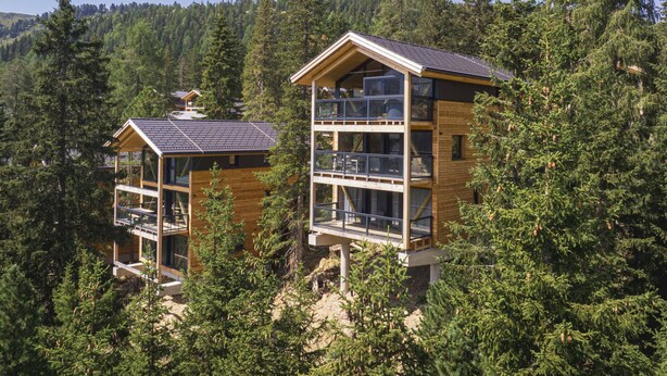 Two multi-story wooden cabins with balconies, surrounded by dense forest.