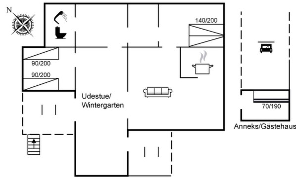 Een plattegrond met een keuken, een woonruimte en een badkamer.