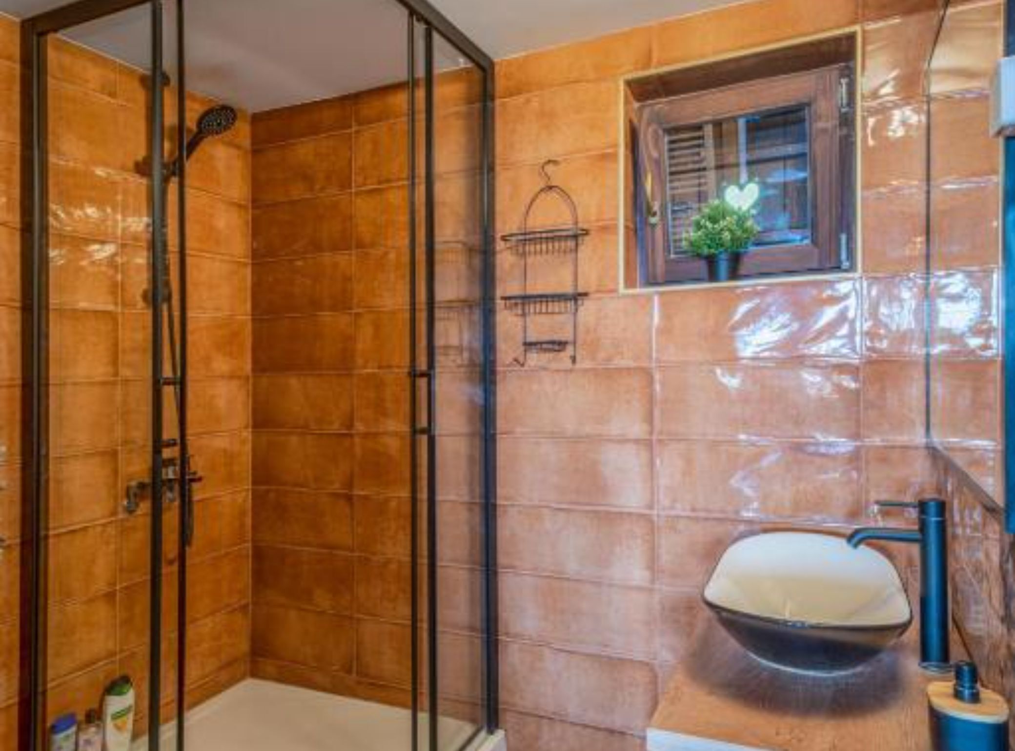 A bathroom with a shower, a sink with a bowl basin, and a window with a plant.