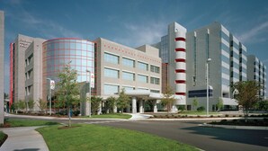 A modern hospital building with a curved glass facade, multiple entry points, and a well-maintained lawn area. - New House! Close to HPU & HPMKT (High Point)