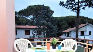 A round table with four white chairs, each with a green cushion. There is a small potted plant with pink flowers on the table. - Perfect retreat for a relaxing stay (Lignano Sabbiadoro)