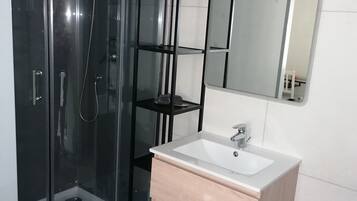 Shower, towels, toilet paper