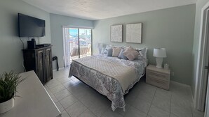 Un dormitorio con cama, televisión, escritorio y planta en maceta.