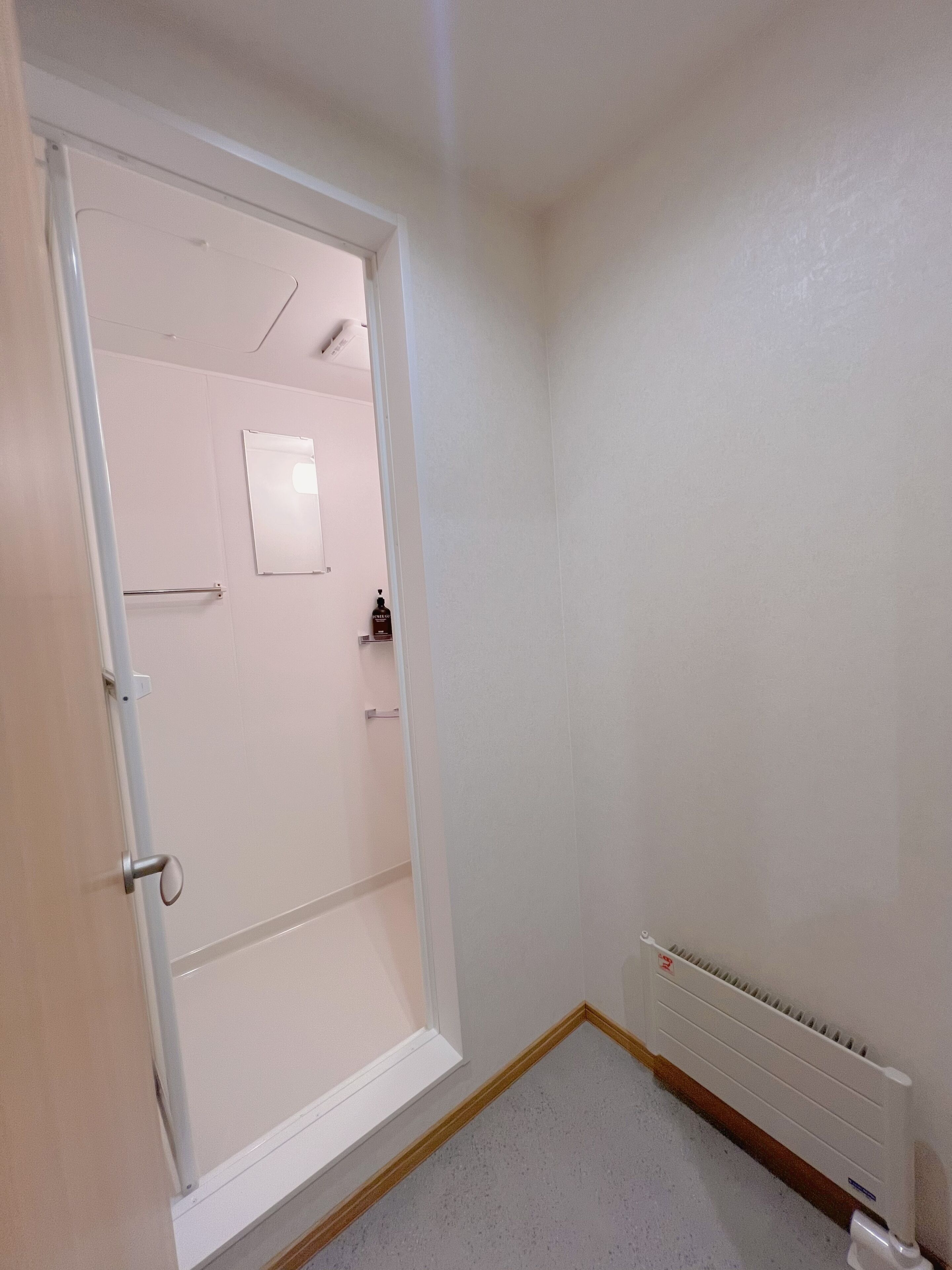 A room with a white door, a radiator, and a small window.