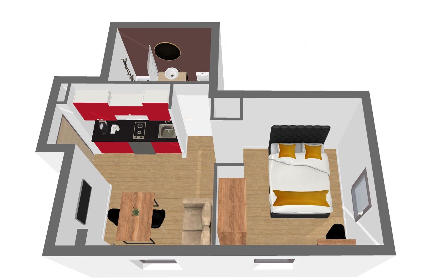 A 2-bedroom apartment layout with a kitchen, dining area, and a separate bedroom with a bed and nightstand.