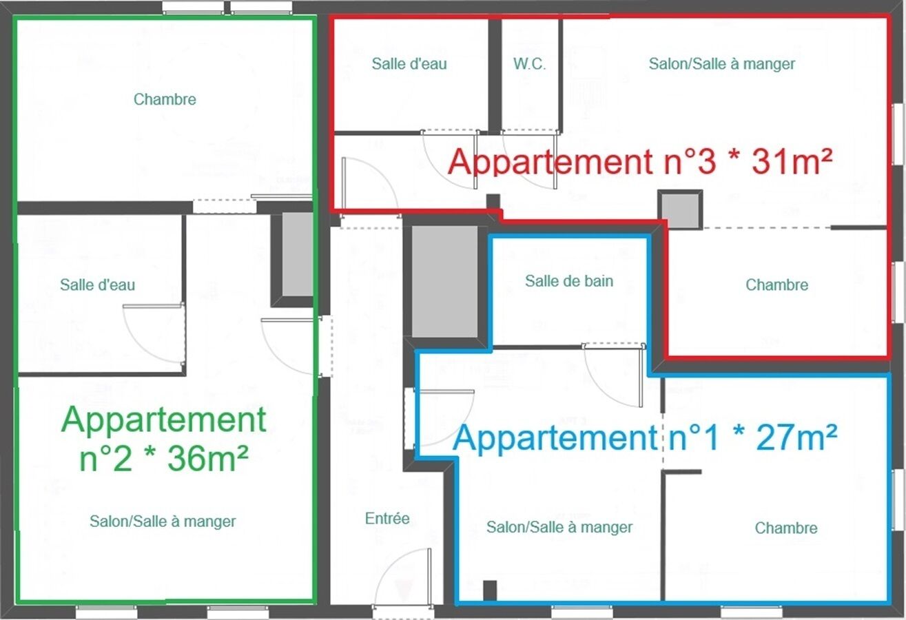 Three apartment layouts with varying sizes and amenities.