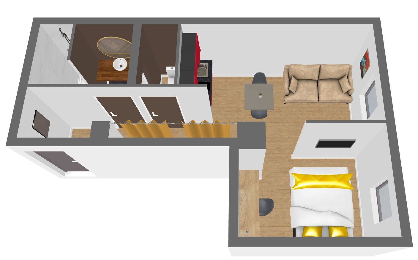 A 3D floor plan of a hotel room with a bed, a sofa, a desk, and a bathroom.