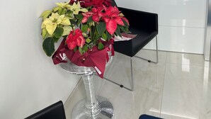 Un espace d’accueil moderne avec un bureau blanc, une horloge numérique et une plante décorative.