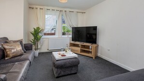 Ein modernes Wohnzimmer mit einer Ledersofa, einem Flachbildfernseher, einem Couchtisch mit Flasche und Gläsern sowie einer Topfpflanze.