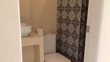 Shower, towels, soap, toilet paper