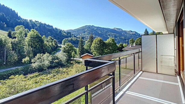 Ein Balkon mit Blick auf ein Tal und Berge.