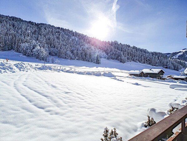 A snow-covered landscape with a cabin and a wooden deck.