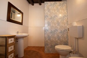 A bathroom with a wooden vanity, a white sink, a mirror, a toilet, and a patterned shower wall. - Residence Villa Felice (Lampedusa)