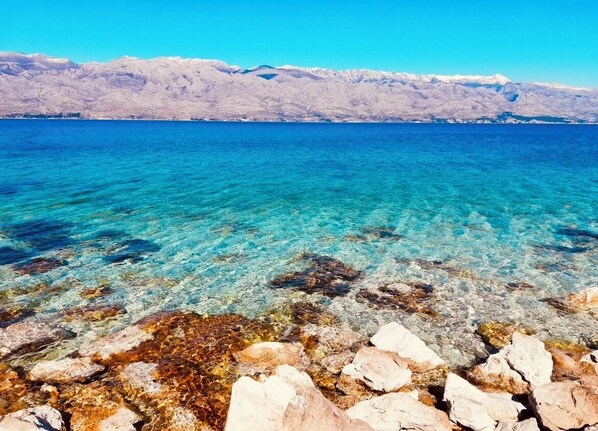 On the beach, sun loungers