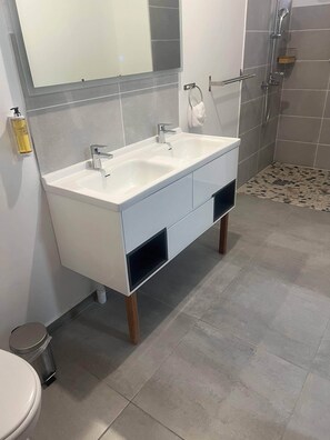 Douche, sèche-cheveux, serviettes fournies, papier toilette