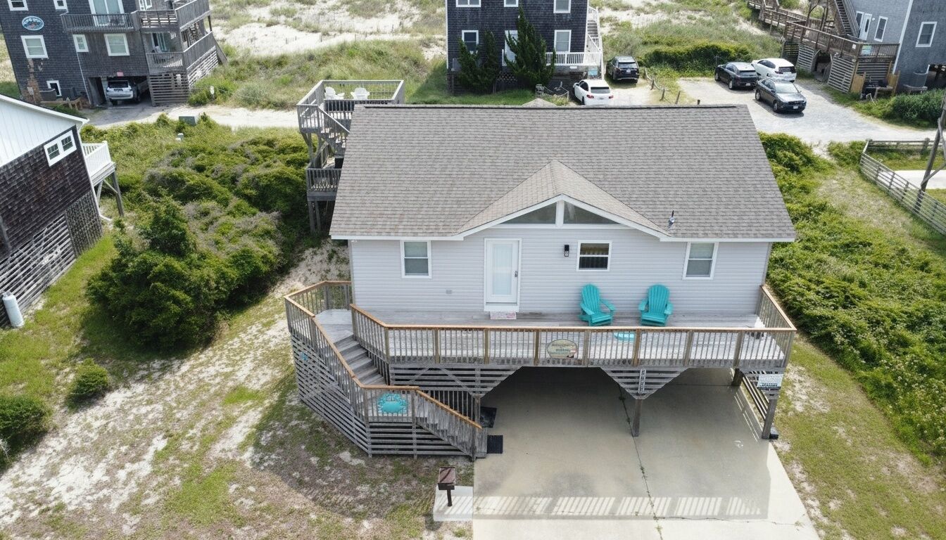 A two-story house with a balcony, a covered entryway, and a small porch with two chairs.