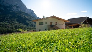 A mountain house with a balcony, surrounded by lush greenery and a mountain backdrop. - Apartment 'Schmetterling' with Mountain View, Shared Terrace and Wi-Fi (Seis)