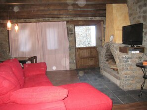 Tv, eldstad, dvd-spelare och en stereo